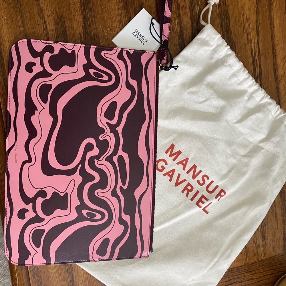 Mansur Gavriel Pink & Dark Plum Abstract Leather  Large Zip Pouch NWT